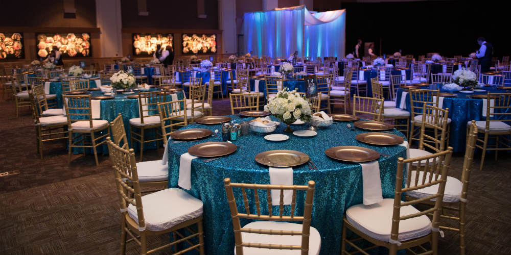 Turquoise sequin table linens