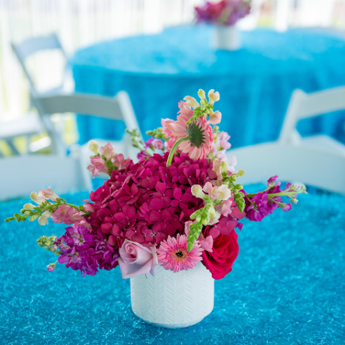 Pink Flowers on Turquoise Linen